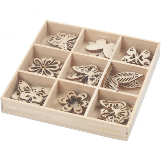 Flori, fluturi si frunze lemn, 9 modele, 28 mm, 45 buc/set