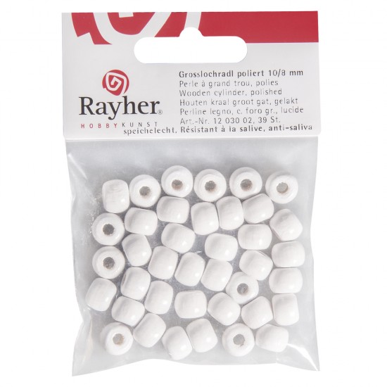 Margele Rayher cilindrice din lemn, slefuite, dimensiune 10/8 mm, culoare alb, 39 piese