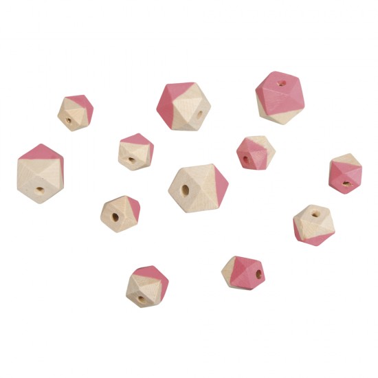 Margele Rayher din lemn, 12/set, 4 buc cu diametru de 2 cm si 8 buc cu diametru de 1.5 cm, culoare roz/nature