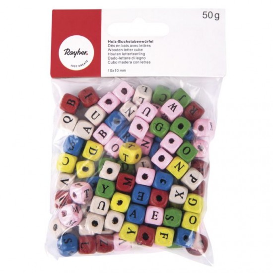 Margele Rayher cu litere din lemn,  10x10mm, mix colorat, 50g