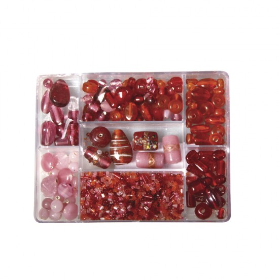 Margele de sticla Rayher, in cutie, nuante de rosu deschis, mix de marimi , 115 g