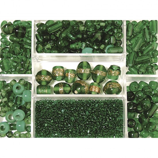 Margele de sticla Rayher, in cutie, nuante de smarald, mix de marimi , 115 g