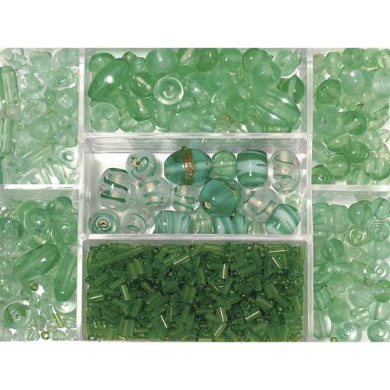Margele de sticla Rayher, in cutie, nuante de jad, mix de marimi , 115 g