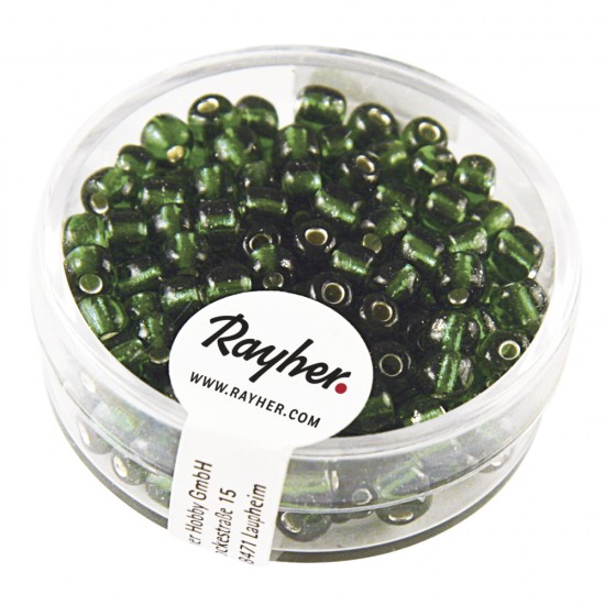 Rocailles, 4 mm o, with argintiu inlet, green, box 17 g