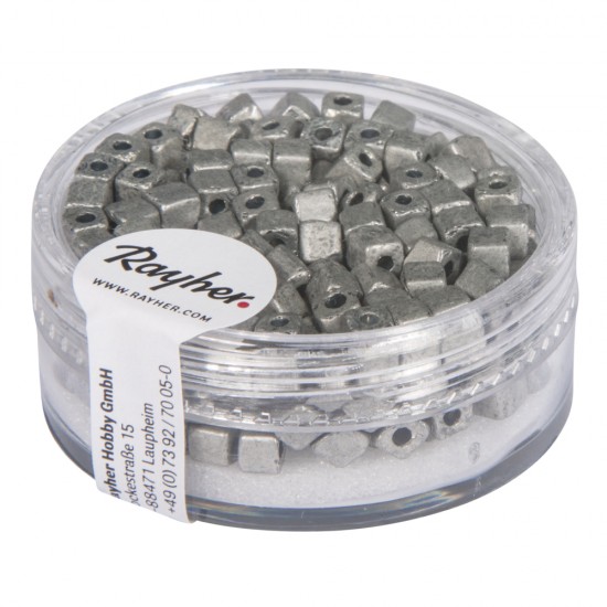 Margele cubice metalice mate, brilliant argintiu, 3,4 mm, box 15 g