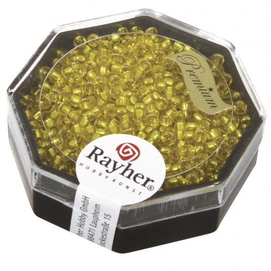 Premium-Rocailles, 2,2 mm o, golden, box 8g, with argintiu inlet