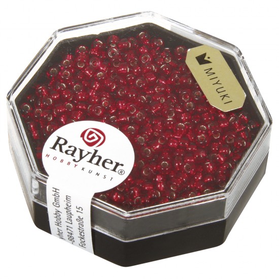 Premium-Rocailles, 2,2 mm o, blazing rosu, box 8g, with argintiu inlet
