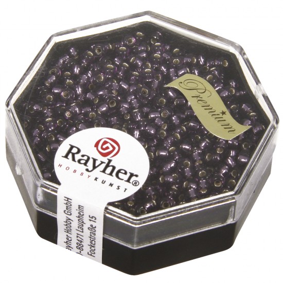 Premium-Rocailles, 2,2 mm o, violet, box 12g, with argintiu inlet