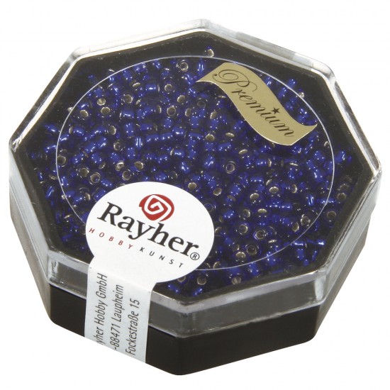 Premium-Rocailles, 2,2 mm o, royal blue, box 12g, with argintiu inlet