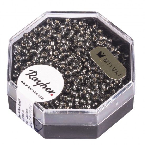 Premium-Rocailles, 2,2 mm o, argintiu-grey, box 12g, with argintiu inlet