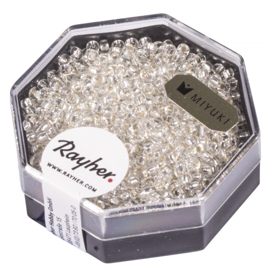 Premium-Rocailles, 2,2 mm o, rock crystal, box 12g, with argintiu inlet