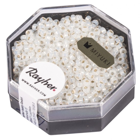 Premium-Rocailles, 2,2 mm o, alb opal, box 12g, with argintiu inlet