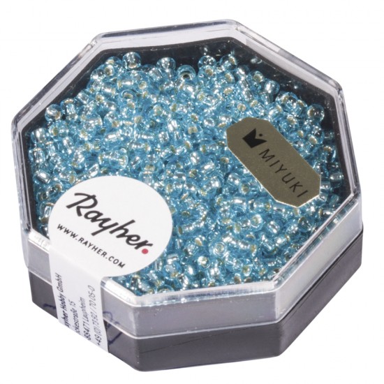 Premium-Rocailles, 2,2 mm o, aquamarine, box 12g, with argintiu inlet