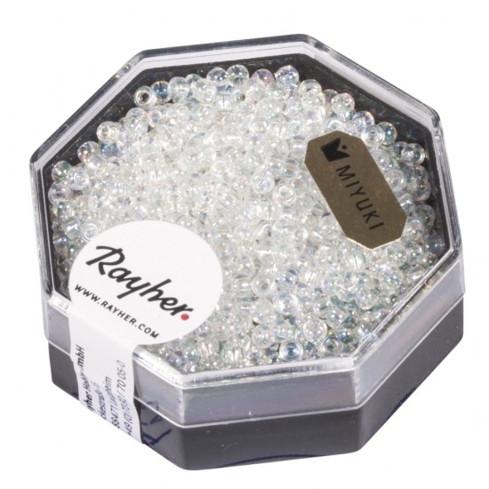Premium-Rocailles, 2,2 mm o, moonstone, transparent Rainbow, box 8g