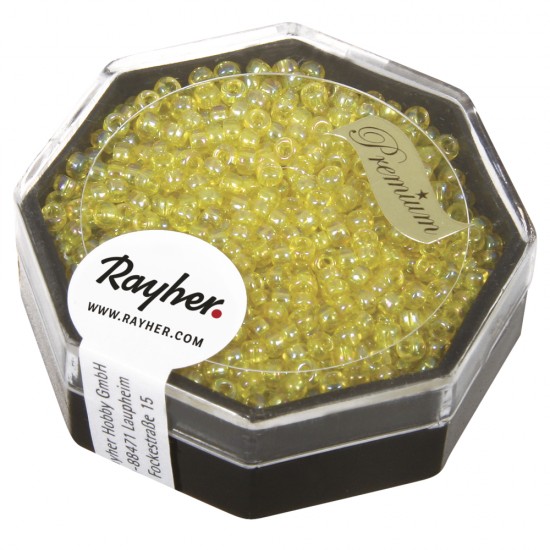 Premium-Rocailles, 2,2 mm o, galben light, transparent Rainbow, box 8g