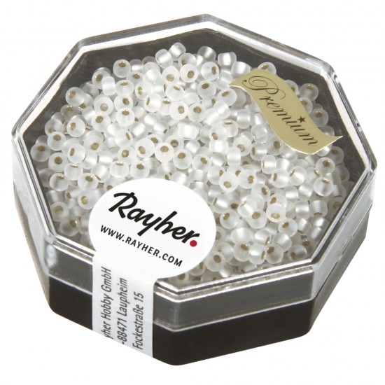 Premium-Rocailles, 2,2 mm o, frost, with argintiu inlet, frosted, box 8g