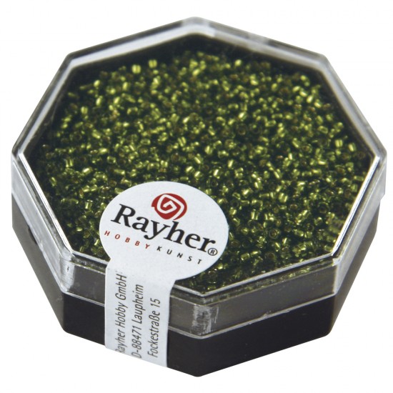 Premium-Rocailles,1,5mm o , olive, with argintiu inlet, box 5g