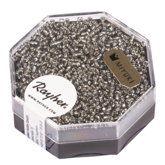 Premium-Rocailles,1,5mm o , argintiu grey, with argintiu inlet, box 5g