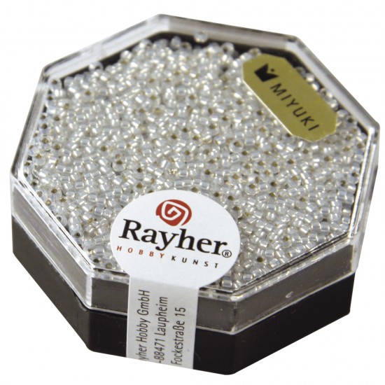 Premium-Rocailles,1,5mm o , alb opal, with argintiu inlet, box 5g