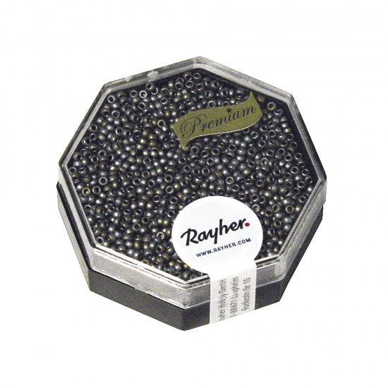 Premium-Rocailles, 1,5mm o, smoke topaz, metallic, frosted, box 4g