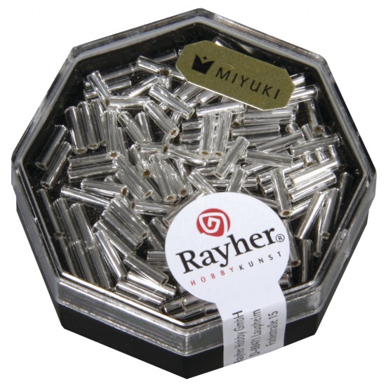 Margele Rayher din sticla Miyuki , rock crystal, 6x1,7mm transp. w.argintiu inlet , box 8
