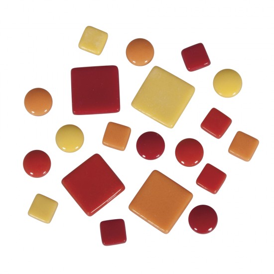 Pietre de sticla pentru mozaic, Rayher, culoare rosu/portocaliu/galben, diverse forme si dimeniuni, 500g/set