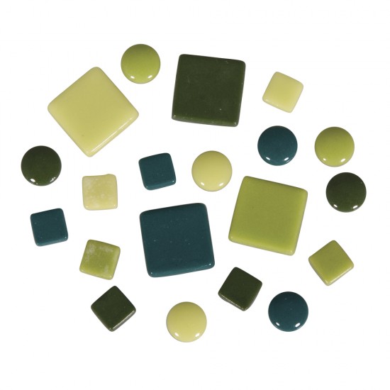 Pietre de sticla pentru mozaic, Rayher, tonuri de verde, diverse forme si dimeniuni, 500g/set