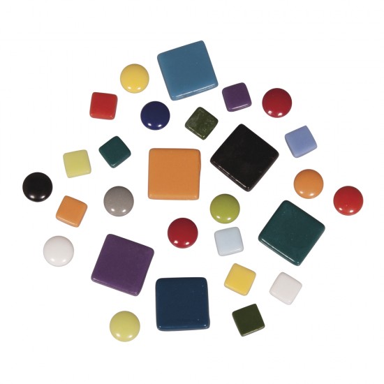 Tessera mix (approx. 395 pcs), colourful, 10x10mm, 20x20mm, o 12mm, bucke