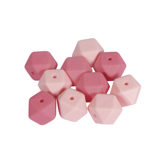 Margele silicon Hexagon, 14 mm, rose shades, 10/set