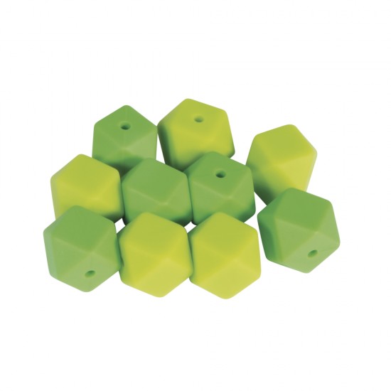 Margele silicon Hexagon, 14 mm, green shades, 10/set