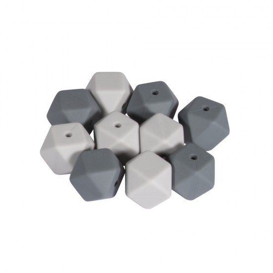 Margele silicon Hexagon, 14 mm, grey shades, 10/set