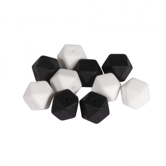 Margele silicon Hexagon, 14 mm, negru & alb shades, 10/set