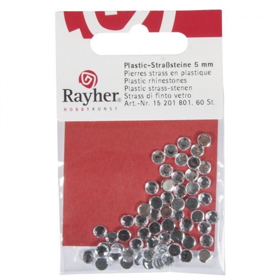 Strasuri din plastic, 5 mm o, rock crystal, tab-bag 60 pcs.