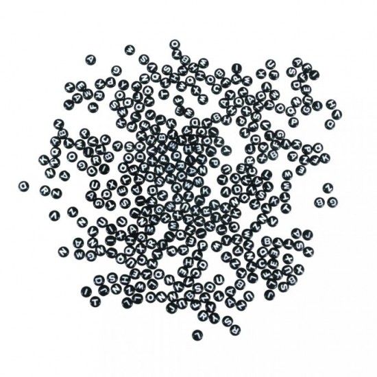 Margele plastic negre, rotunde, cu litere, 40g