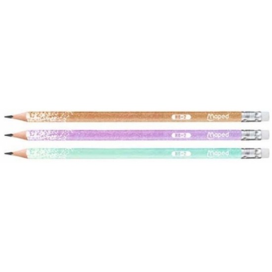 Creion cu guma, HB, Black Peps Deco Glitter, Maped, 12/set