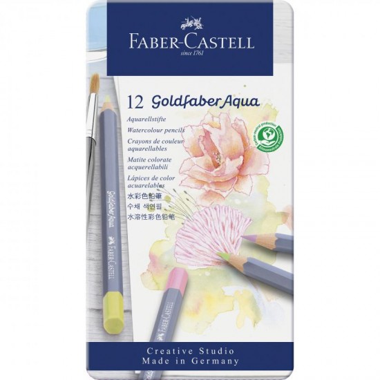 Creioane colorate Goldfaber Aqua 12 culori pastel, Faber-Castell, in cutie metalica