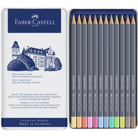 Creioane colorate Goldfaber Aqua 12 culori pastel, Faber-Castell, in cutie metalica