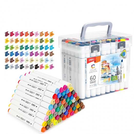 Set 60 markere SKETCHING varf dublu rotund 1mm/tesit, 7mm, cutie plastic, COLOR EMOTION DELI Set 60 markere SKETCHING varf dublu rotund 1mm/tesit, 7mm, cutie plastic, COLOR EMOTION DELI