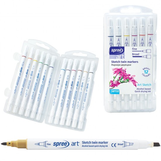 Set 12 culori marker 2 capete SCHITE, SPREE