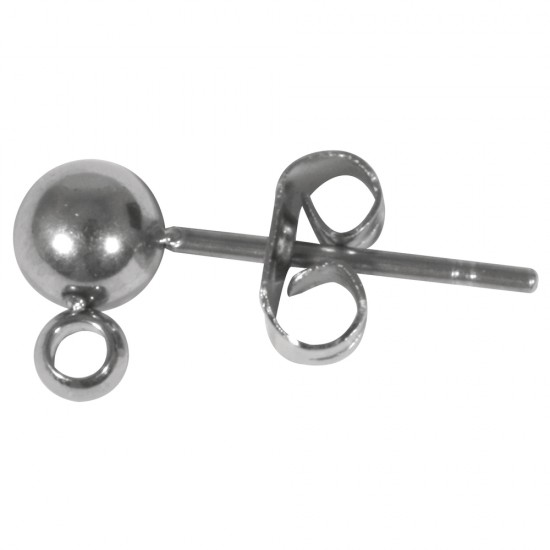 Stainless steel stud w.  ball and loop, platinum, tab-bag 2pcs.