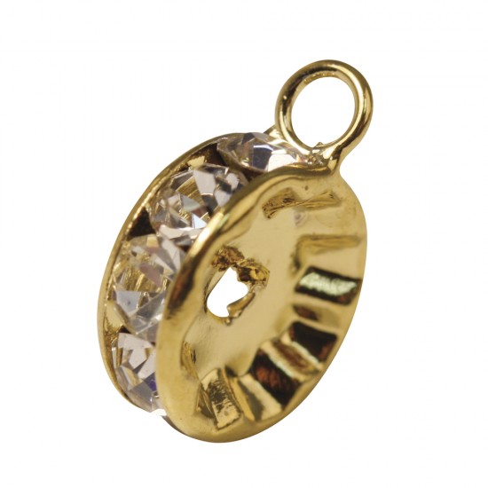 Rhinestone disc, 10mm o, gold-plated, w eye + crystal stones, t-bag 3pcs.