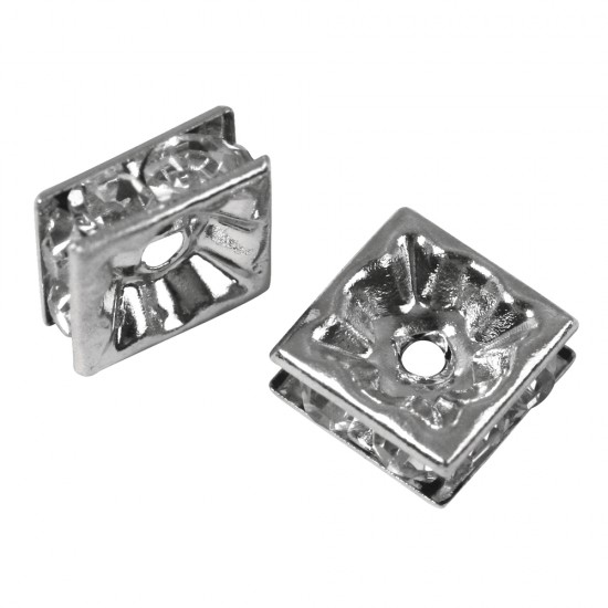 Rhinestone square w. crystal stones, platinum, 8x8mm, t-bag 3pcs.