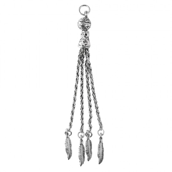 Metal tassel with feathers, 10cm o, oxidized argintiu, 10cm, tab-bag 1pc.