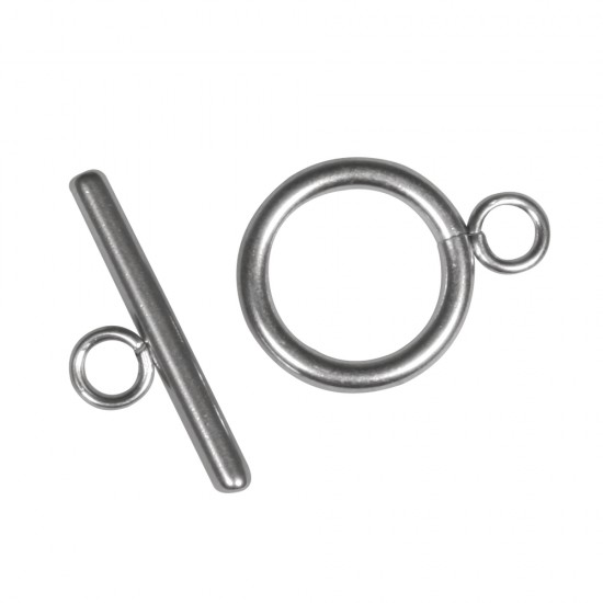 Toggle clasp, stainless steel 14mm o, platinum, two-parts, tab-bag 1 pc.