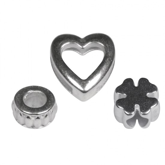 Metal- deco element   Lovely  , argintiu, Heart, Cloverleaf & Round, tab