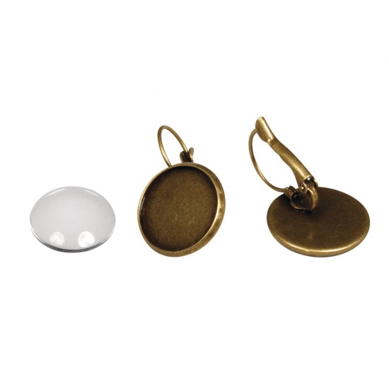 Metal-enclosure:Earring, 1,7cmo, oxidized gold, w. cabochon, tab-bag 1pai