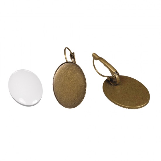 Metal-enclosure: earring, oxidized gold, 1.8x2.5cm, w. cabochon, tab-bag