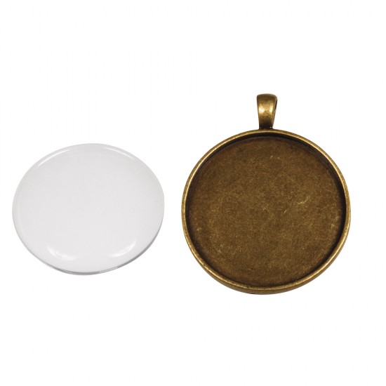 Metal-enclosure: Pendant, 3,7cmo, oxidized gold, w.cabochon, tab-bag 1Set