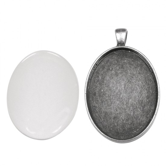 Metal-enclosure: Pendant, oxidized argintiu, 3.2x4.2cm, w.cabochon, tab-bag