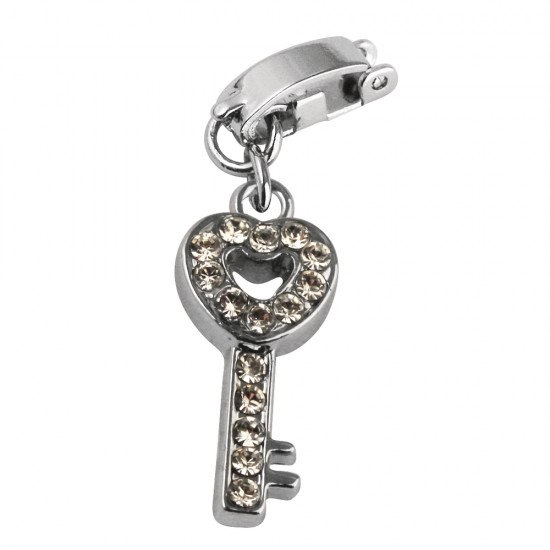 Shoe-Charms: Rhinestone key, 16mm, w. clip 11mm, t-case 1pc.